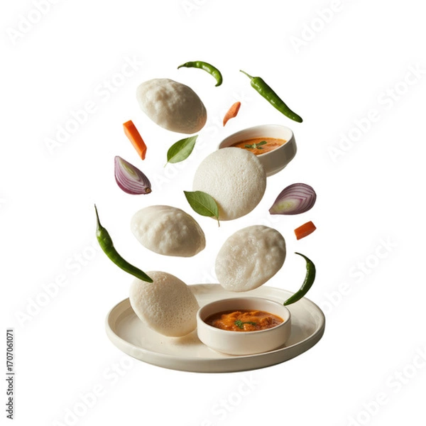 Fototapeta Healthy Indian Idli and Sambar with Flying Effect Isolated on Transparent Background