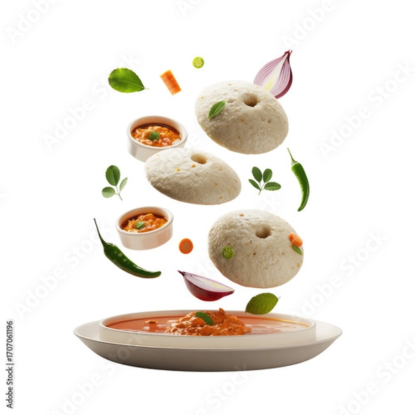 Fototapeta Healthy Indian Idli and Sambar with Flying Effect Isolated on Transparent Background