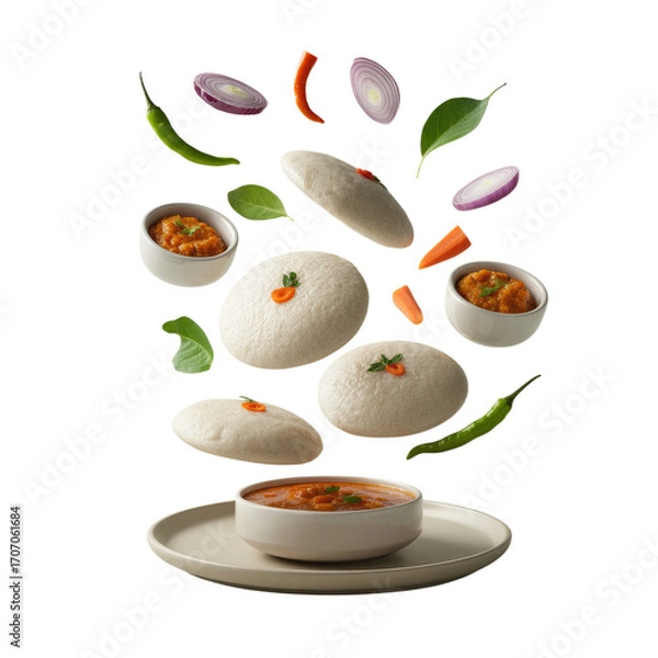 Fototapeta Healthy Indian Idli and Sambar with Flying Effect Isolated on Transparent Background