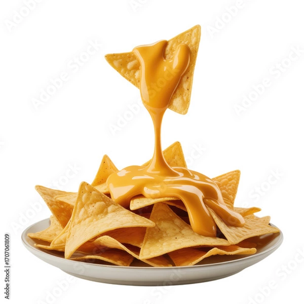 Fototapeta Nachos Chips with Melted Cheese Drizzle Isolated on Transparent Background