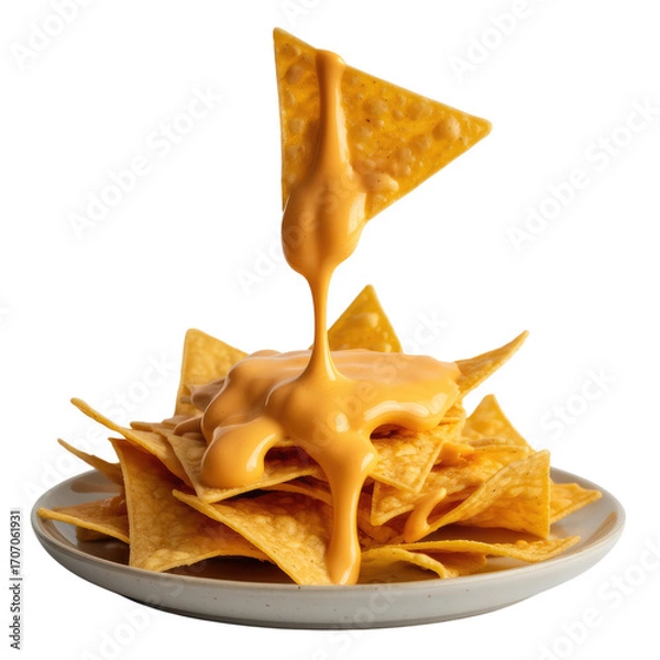 Fototapeta Nachos Chips with Melted Cheese Drizzle Isolated on Transparent Background