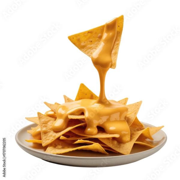 Fototapeta Nachos Chips with Melted Cheese Drizzle Isolated on Transparent Background
