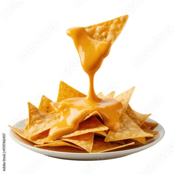 Fototapeta Nachos Chips with Melted Cheese Drizzle Isolated on Transparent Background