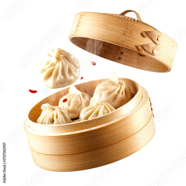 Fototapeta Steamed Dumplings in Bamboo Basket with Flying Chili Slices Isolated on Transparent Background
