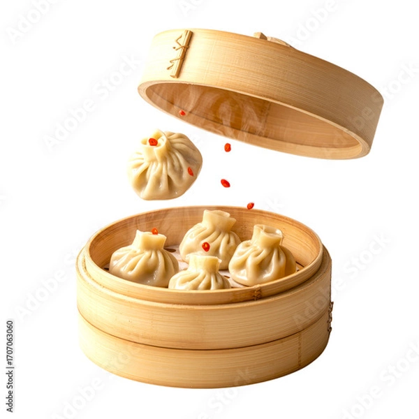 Fototapeta Steamed Dumplings in Bamboo Basket with Flying Chili Slices Isolated on Transparent Background
