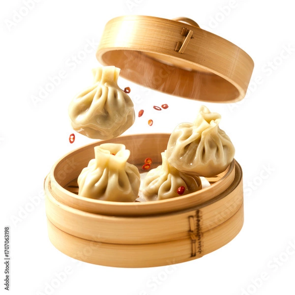 Fototapeta Steamed Dumplings in Bamboo Basket with Flying Chili Slices Isolated on Transparent Background
