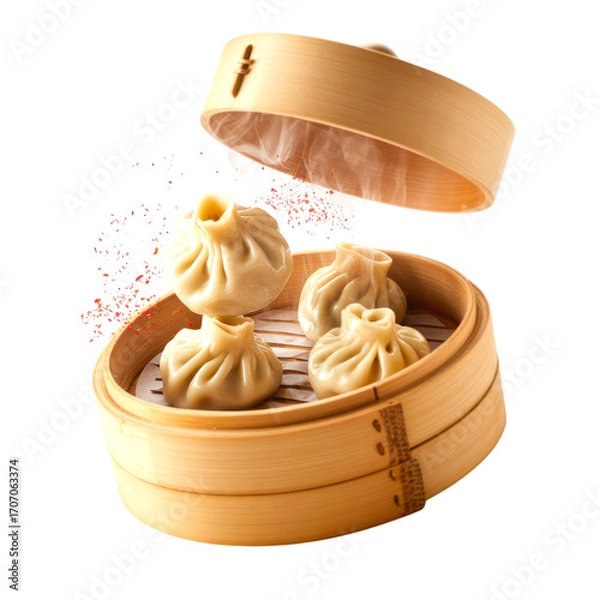 Fototapeta Steamed Dumplings in Bamboo Basket with Flying Chili Slices Isolated on Transparent Background

