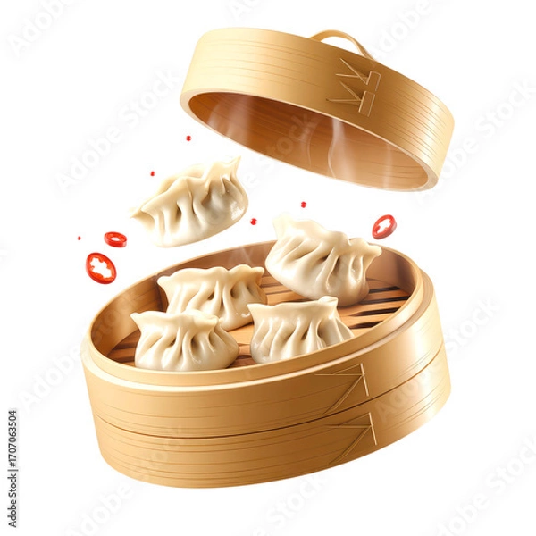 Fototapeta Steamed Dumplings in Bamboo Basket with Flying Chili Slices Isolated on Transparent Background

