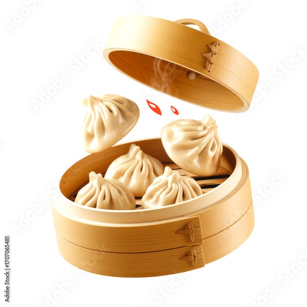 Fototapeta Steamed Dumplings in Bamboo Basket with Flying Chili Slices Isolated on Transparent Background
