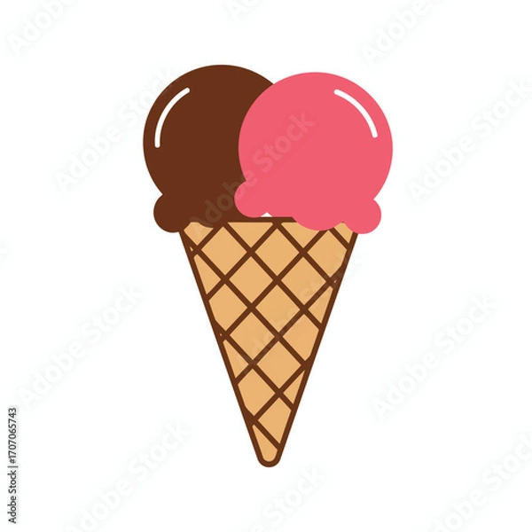 Fototapeta A delicious double scoop ice cream cone with chocolate and strawberry flavors in a waffle cone.