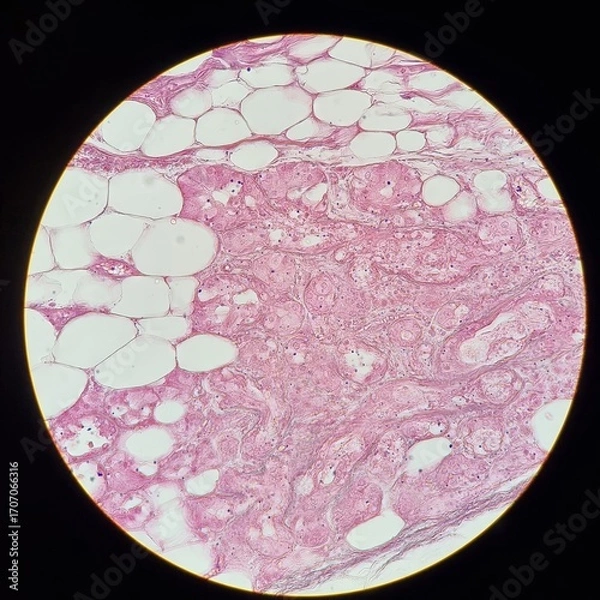 Fototapeta Microscopic view of elastic cartilage tissue from the epiglottis, showing connective fibers and adipose cells stained in pink.
