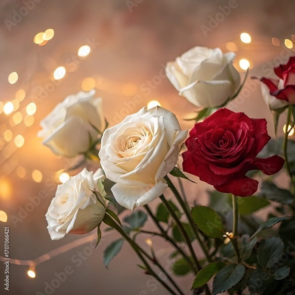Fototapeta Fresh white and red roses with delicate petals glowing in a romantic background.