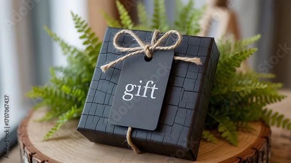 Obraz Elegant Black Gift Box with Tag and Rustic Twine on Wooden Background