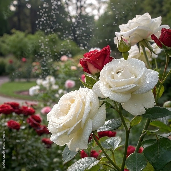 Fototapeta Fresh white and red roses in full bloom with a sparkling garden background.