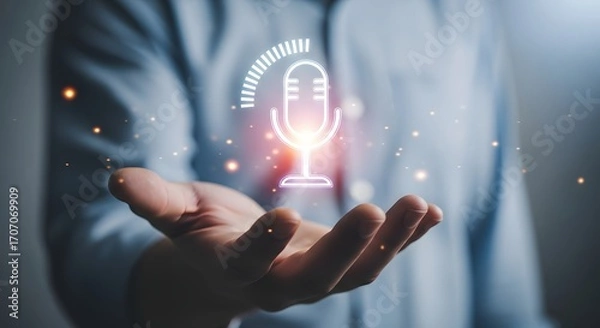 Fototapeta A person's hand cradles a glowing microphone icon, representing audio recording.