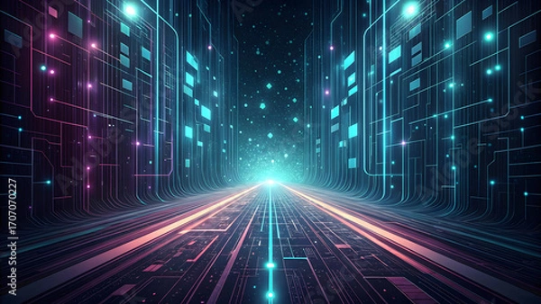 Fototapeta Bright digital data lines glow with futuristic energy, creating a backdrop in a dark blue