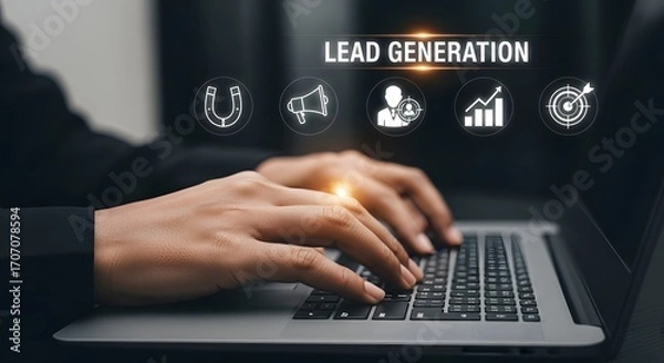 Fototapeta Businessperson using laptop, actively engaged in lead generation strategies.