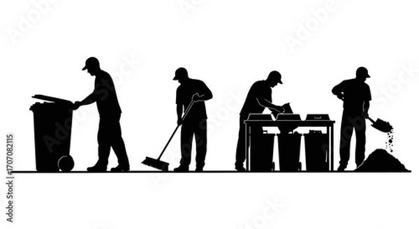 Fototapeta Silhouetted figures depicting waste management activities: emptying a bin, sweeping, sorting recycling, and shoveling.