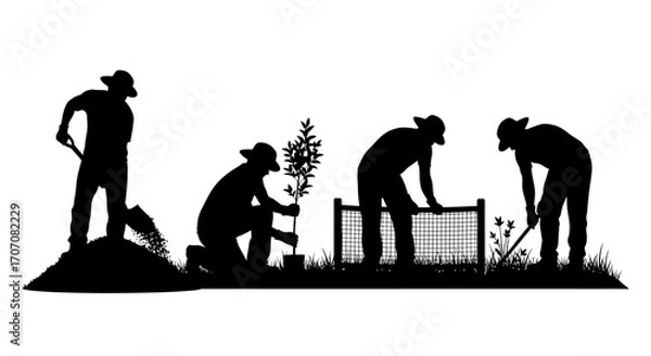 Fototapeta Silhouetted figures plant a tree, dig, and tend to a garden area in a sequence of actions.