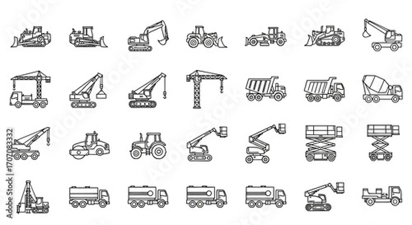 Fototapeta Collection of line art illustrations depicting various construction vehicles and machinery.