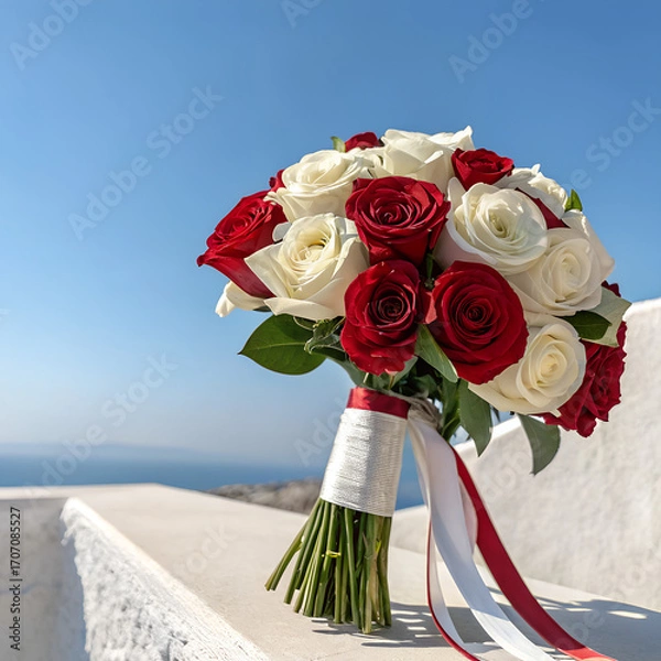 Fototapeta Fresh white and red roses tied with a ribbon against a clear sky background.