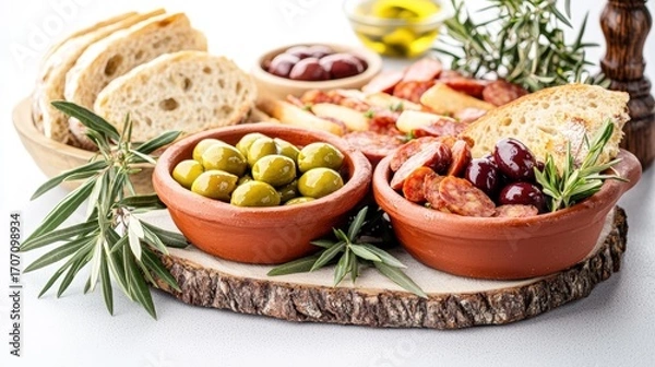 Fototapeta Rustic Spanish tapas spread with olives, chorizo, and bread: A charming tabletop setting featuring a variety of Spanish tapas served in rustic clay dishes, with crusty bread and vibrant olives,