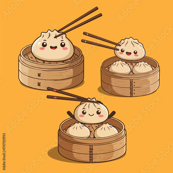 Fototapeta Cute cartoon dumplings with smiling faces in bamboo steamers, ready to be eaten with chopsticks.