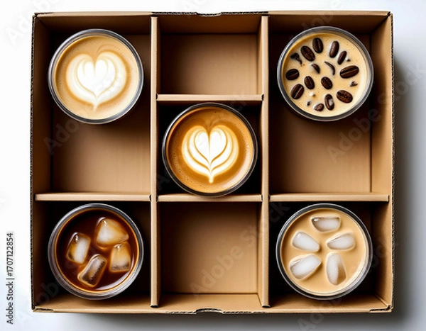 Fototapeta different types of coffee drinks in cardboard packaging
