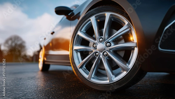 Fototapeta Car wheel close up with shiny alloy rim reflecting sunset light on wet asphalt road as automakers push ev sales before tax credit expires