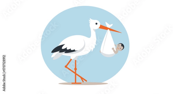 Fototapeta A charming Flat Design vector illustration of a stork carrying a baby bundle, a classic symbol of birth and new arrivals.