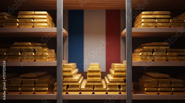 Obraz Golden bullions on the shelves with flag of France. Gold reserves concept