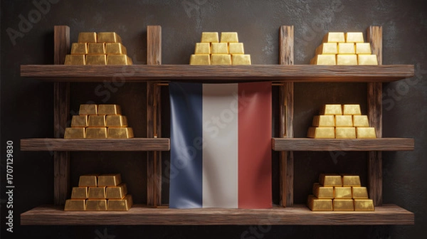 Fototapeta Golden bullions on the shelves with flag of France. Gold reserves concept