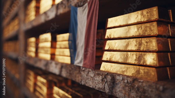 Fototapeta Golden bullions on the shelves with flag of France. Gold reserves concept