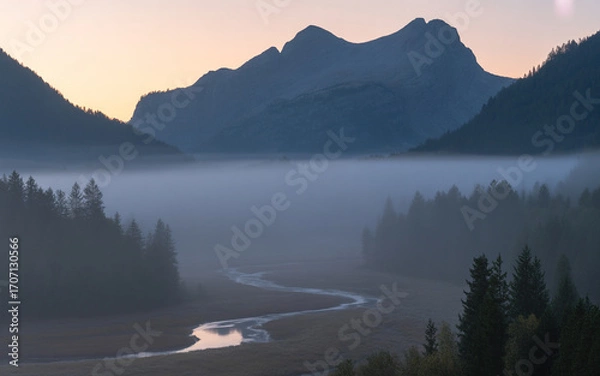 Fototapeta Serene Mountain Landscape at Dawn Misty Peaks and Tranquil Valleys