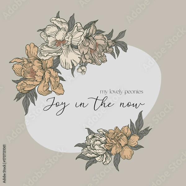 Fototapeta Oval frame with peonies. Floral illustration with soft beige and cream tones.