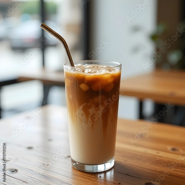 Fototapeta Glass of iced coffee with metal straw on wooden table, minimal cafe style, refreshing summer drink concept