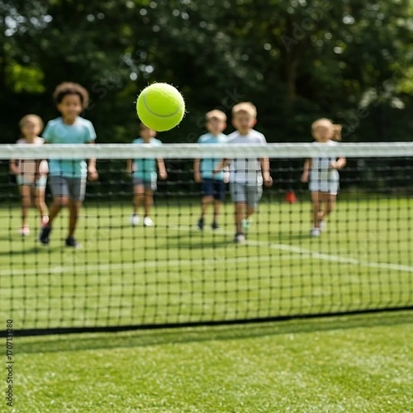 Fototapeta a children's tennis class or camp. Several young children are standing near a tennis net, practicing their strokes. A tennis ball is in mid-air, indicating an ongoing drill. The scene is bright and li