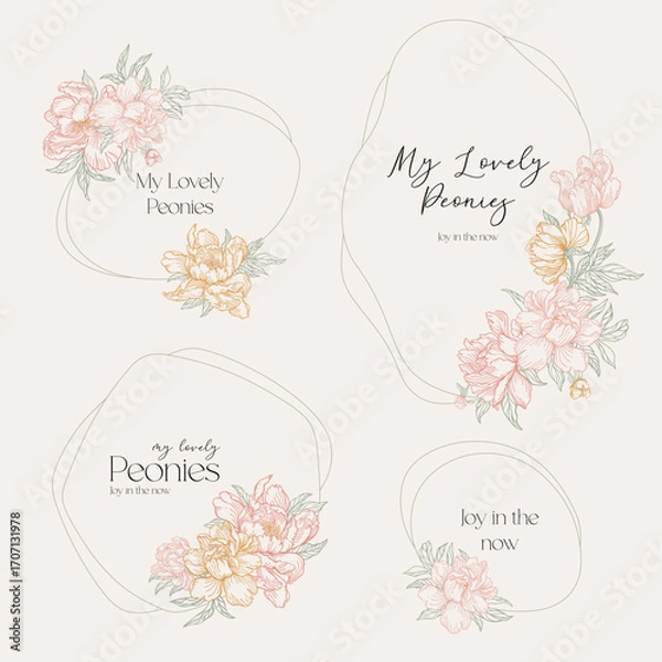 Fototapeta Collection of floral borders featuring pastel peonies in soft pink and yellow, framed by curved lines. Minimalist and elegant illustration. Line art.