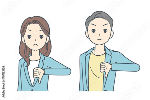 Fototapeta 親指を下げて否定するジャケットを着た男性と女性のイラスト