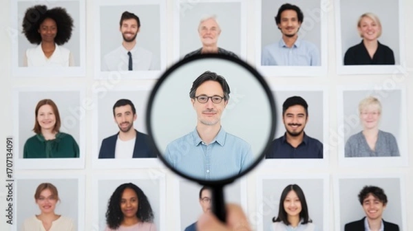 Fototapeta A recruiter selects a proper candidate for a vacant position. HR manager highlights a middle-aged man with grey hair distinguishing him among diverse applicants