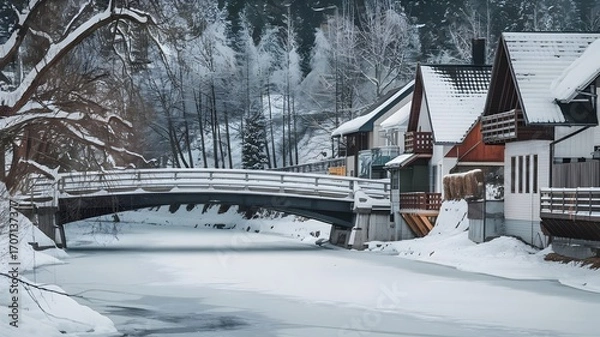 Fototapeta Frozen River with Snowy Bridges and Houses