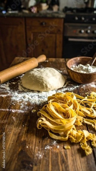 Obraz Fresh pasta dough and noodles on rustic wooden table