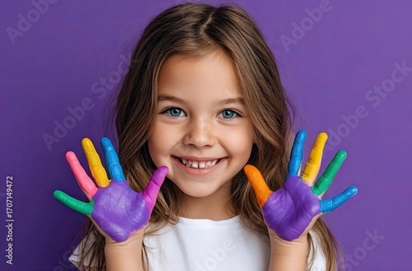 Fototapeta a happy little girl with paint on her hands and face smiles while posing for the camera against a light purple background