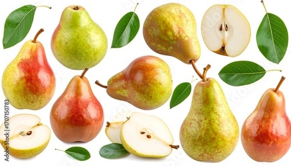 Obraz Fresh pears and leaves on a white background