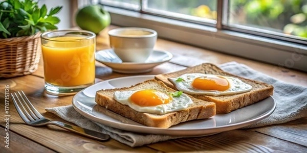 Fototapeta Sunny-Side Up Eggs on Toasted Bread with Orange Juice and Coffee for a Delicious Breakfast
