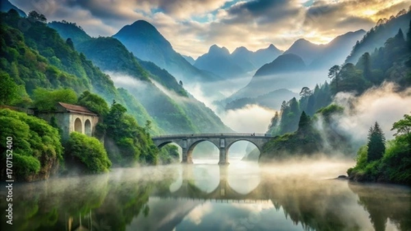 Fototapeta Serene Sunrise Over Misty Mountains and Arch Bridge Reflecting in Calm Water