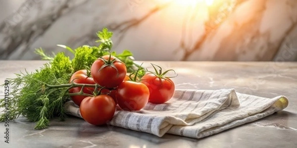 Fototapeta A vibrant cluster of ripe red tomatoes on the vine, nestled amongst fresh green herbs, rests gently on a rustic kitchen linen
