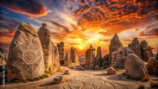 Fototapeta Ancient Stone Monuments at Sunset A Mystical Landscape of Carved Rocks and Vibrant Sky