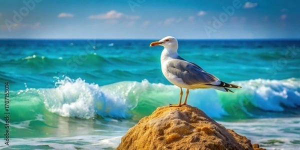 Fototapeta Serene Seagull Perched on Coastal Rock, Ocean Waves Crashing in the Background
