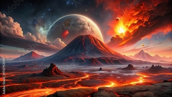 Fototapeta A Fiery Volcanic Landscape Under a Celestial Display of Planets and Burning Nebulae